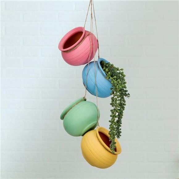 MyGift 4-Pot Bright Pastel Ceramic Hanging Flower Planter Set - Picture 5 of 7